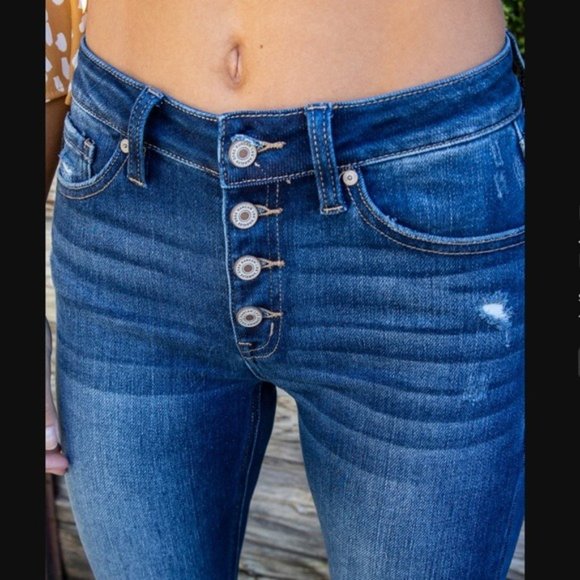 New KanCan Distressed Button Fly Flare Leg Jeans Dark Wash - Picture 4 of 5